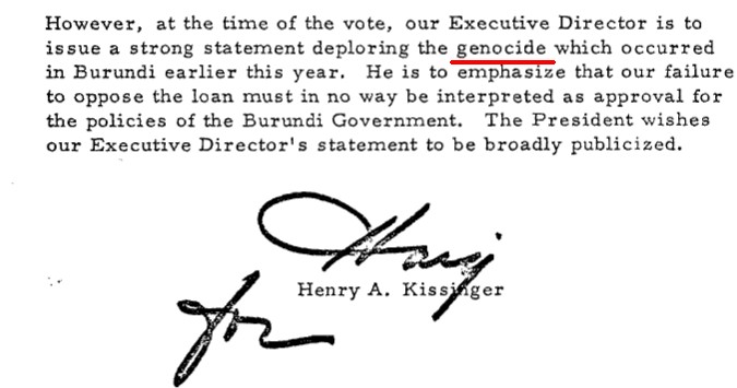 Henry A Kissinger (USA) dénonce le  Génocide/ Régicide  des Bahutu du Burundi  en 1972, en cours sous le Régime du Muhima MICOMBERO Michel.